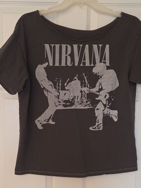 H&M Black Graphic Nirvana Cotton Tee Cut Extra Feminine Off the Shoulder